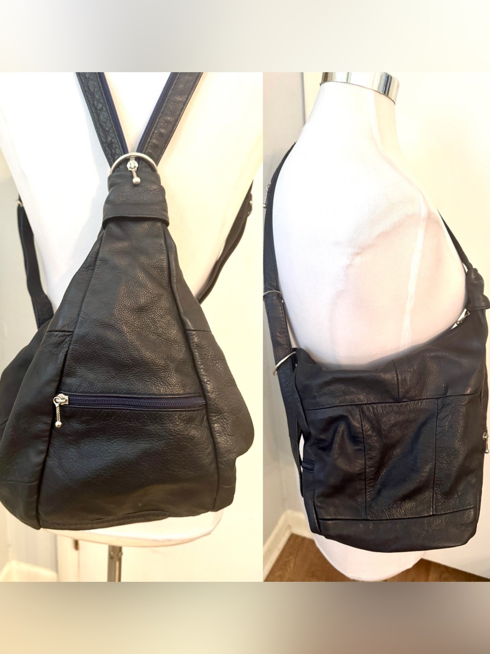 Vintage Hobo leather backpack purse convertible Dark Navy Bag Travel